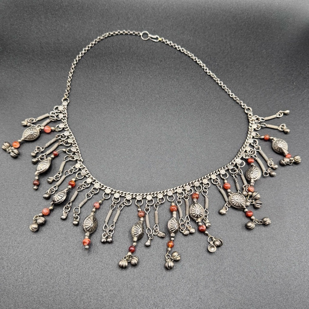 Bohemian Bell Necklace Indian Silver Tone Red Accent Beads 2010 Festival Style